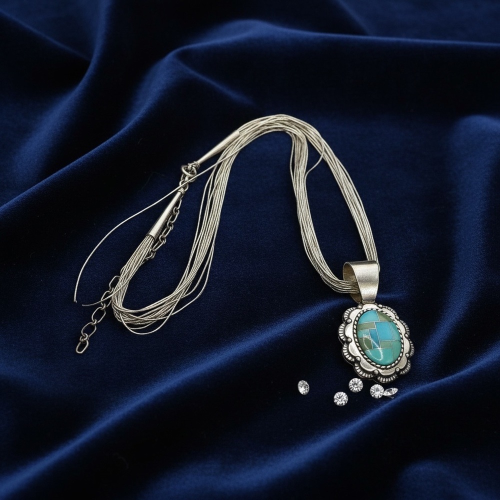 Silver Mosaic  Shades of Turquoise Necklace​ - Picture 4 of 7